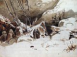 Alpine Pass in Winter with Monks by Karl Blechen